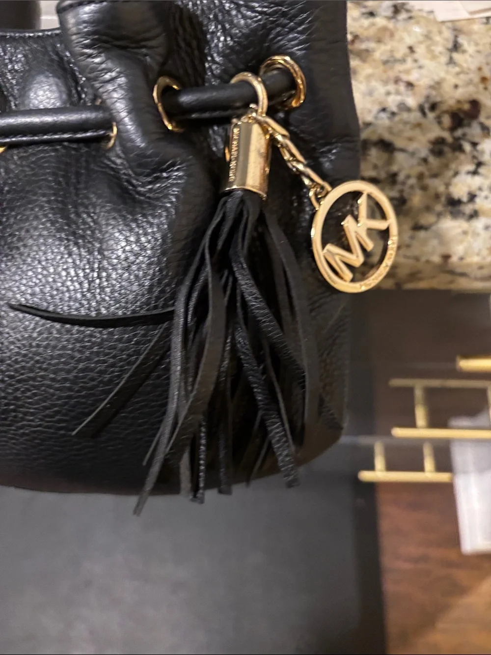 Michael Kors Black Pebbled Leather Messenger Bag with Gold Hardware/#035(6-20-26